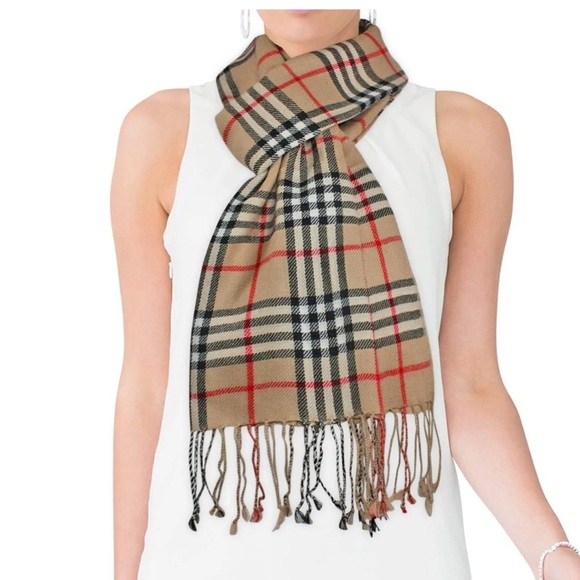 Mega Check Plaid Cashmere Fringe Scarf - Picture 1 of 8